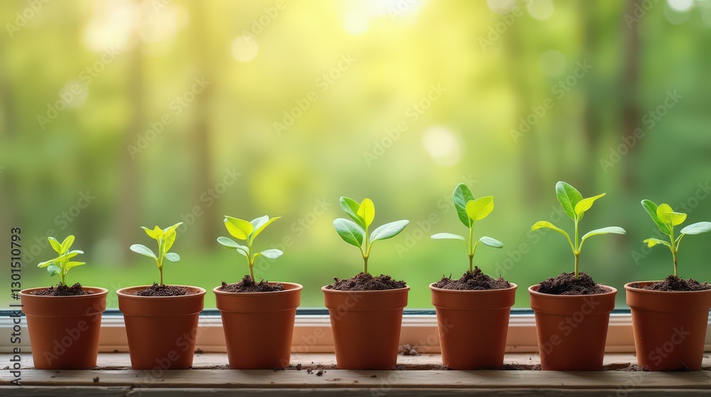 Seedlings in Clay Pots on Sunny Windowsill Seedlings in Clay Pots on Sunny Windowsill