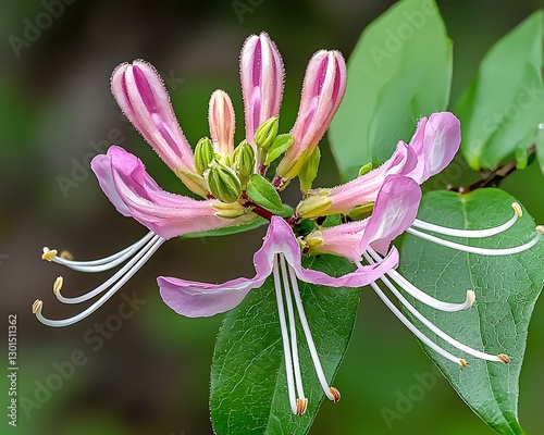 Pink honeysuckle flower blooming in nature, green foliage blurred. Use Nature, beauty