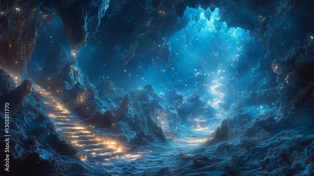 Fototapeta premium A tranquil underwater cave with glowing creatures lighting the path creating a serene atmosphere. Generative AI