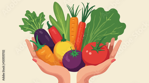 Colorful Vegetables and Hands Holding Fresh Produce – Vibrant Flat Design Illustration of Organic Food and Healthy Eating