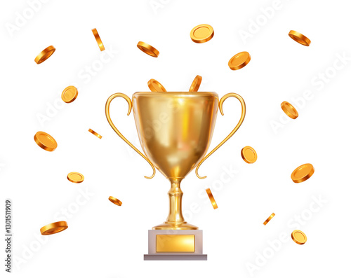 3d realistic golden trophy cup with flying gold coins. Stock vector illustration on isolated background