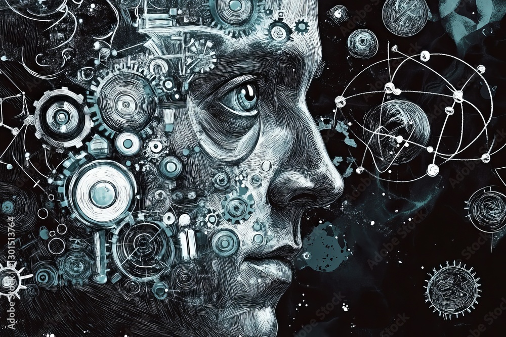 Obraz premium Fusion of Technology and Intellect: Engraved Portrait with Gears and Atoms