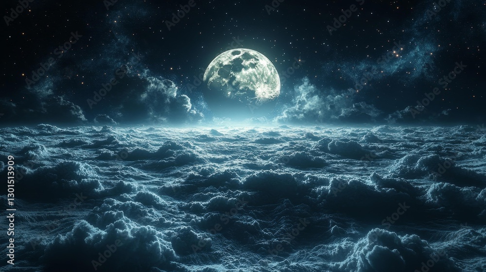 Lunar Landscape with Moon Overlooking a Starry Night Sky and Clouds Below. Generative AI