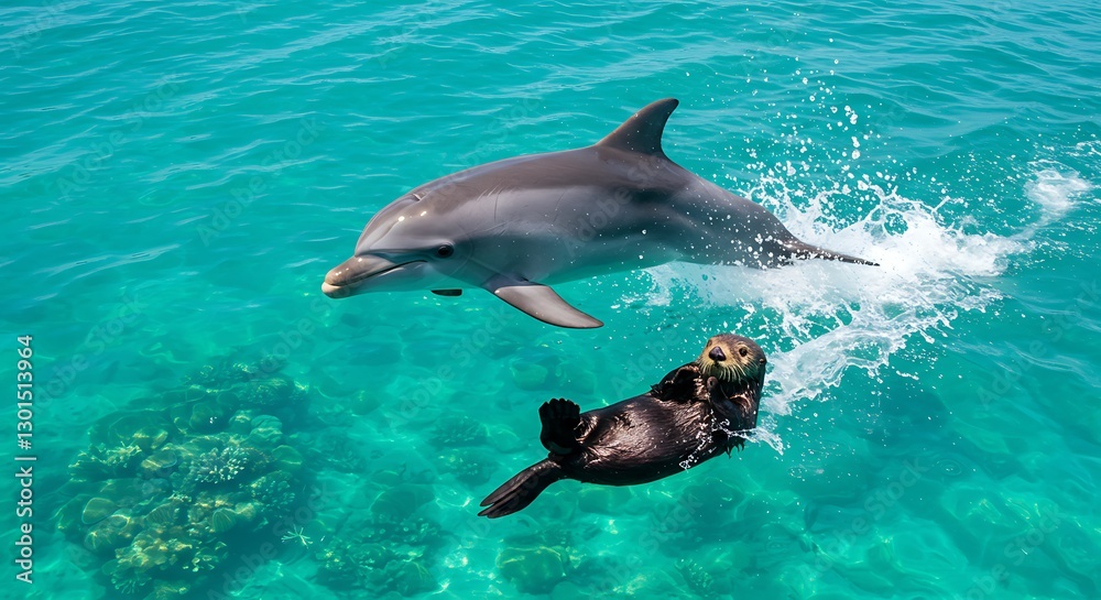 Obraz premium Dolphin and Otter Aquatic Ballet: Vibrant Turquoise Ocean Scene