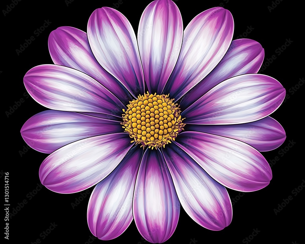 Obraz premium Purple daisy flower blossom, digital art, isolated, black background, design element