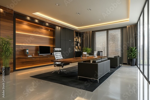 Modern office interior with sleek and functional design. AI generated illustration. photo