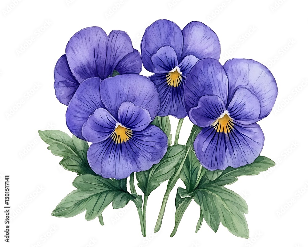 Fototapeta premium Purple pansies blooming, isolated, white background, artistic illustration, for spring design