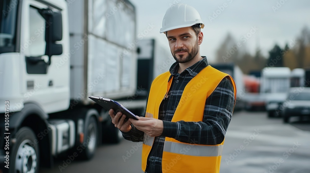 Obraz premium Close-up view of supervisor managing truck departures in an efficient industrial logistics yard