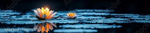 Lotus Flowers Glowing on a Calm Pond at Night. Generative AI photo