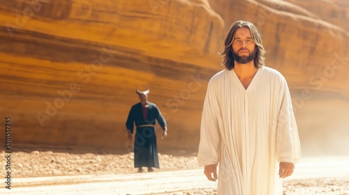 Jesus Christ being tempted in the wilderness. Jesus is wearing a white robe and behind him is the devil in a black robe. He is standing behind Jesus. Bible story. Real picture. 