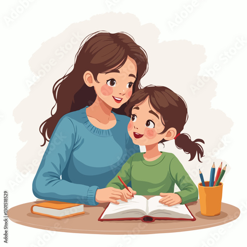 Cartoon Illustration of Mother and Daughter Homeschooling – Educational Scene with Books and Learning Together