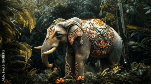 Majestic Ornamented Elephant in Lush Jungle - A beautifully adorned elephant stands majestically in a vibrant tropical forest, symbolizing wisdom, strength, nature, peace, and cultural heritage