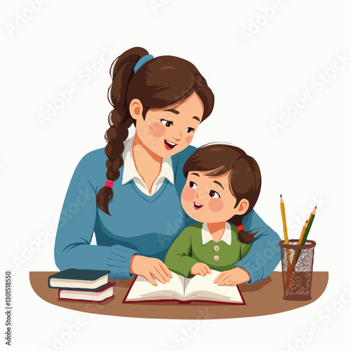 Cartoon Illustration of Mother and Daughter Homeschooling – Educational Scene with Books and Learning Together