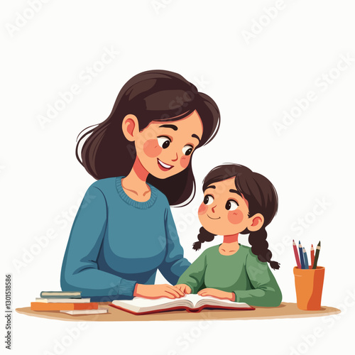 Cartoon Illustration of Mother and Daughter Homeschooling – Educational Scene with Books and Learning Together
