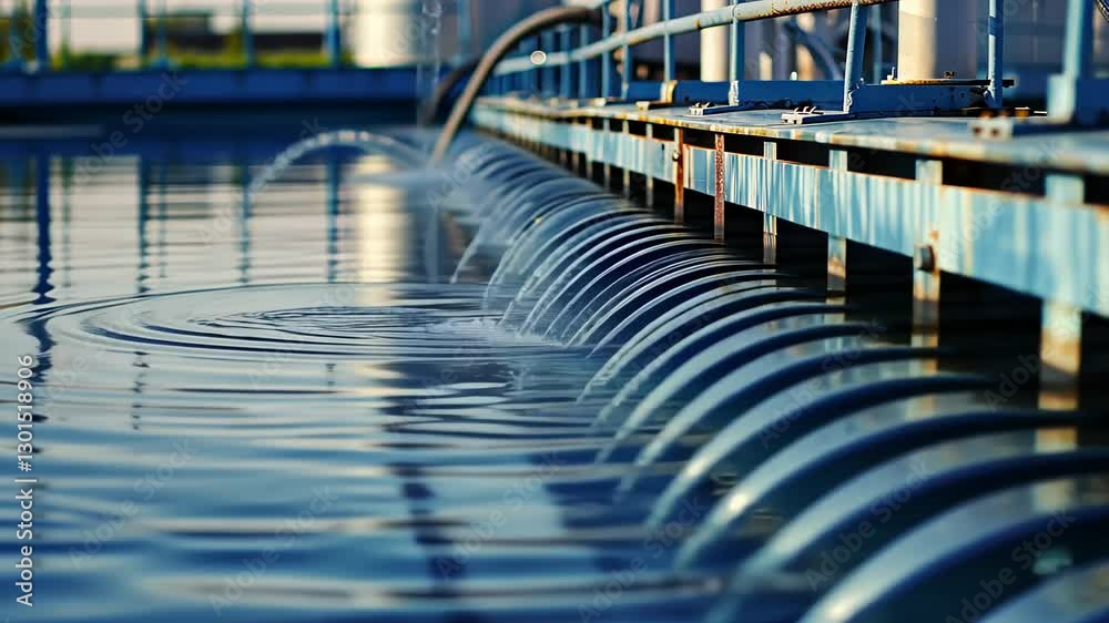 A close-up of a water treatment plant with water flowing through metal pipes, creating ripples on the surface. A close-up of a water treatment plant with water flowing through metal pipes, creating ripples on the surface.