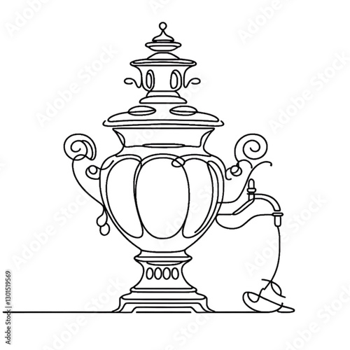 Minimalistic line art samovar illustration with elegant design and detailed features, cut out