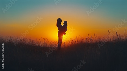 Silhouette of a Mother Holding Her Child Against a Vibrant Sunset in a Grassy...