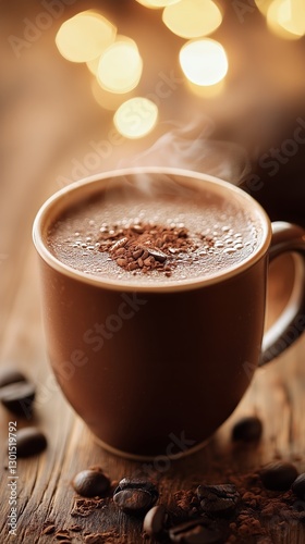 Warm Cup of Hot Chocolate With Cocoa Dust on Top Surrounded by Coffee Beans a...