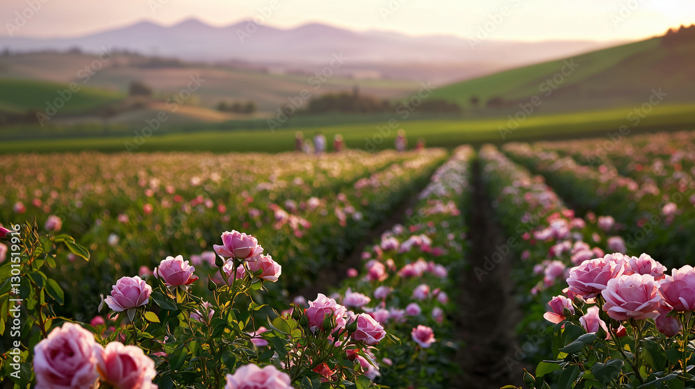 Obraz premium A serene valley of blooming roses at dawn