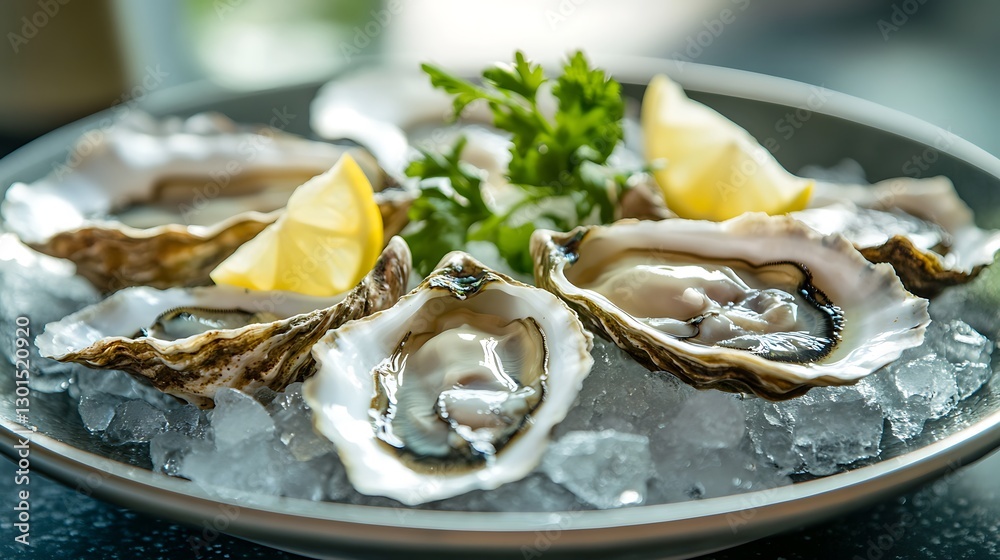 Fresh Oysters on Ice with Lemon and Parsley Ready to Eat
