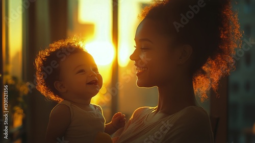 Woman Holds Baby While Enjoying Sunlight in a Cozy Indoor Setting During Gold...