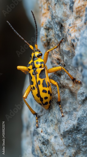 Colorful Beetle Resting on a Rock With Yellow and Black Pattern in Nature