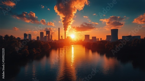 Sunset Over City Skyline With Smokestacks Reflecting in the Water During Even...