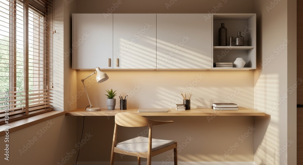 Fototapeta premium A modern minimalist home office with a floating wooden desk attached to a light beige wall