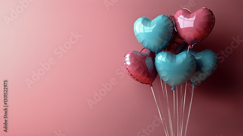 Heart-shaped Balloons in Various Colors Against a Soft Pink Background