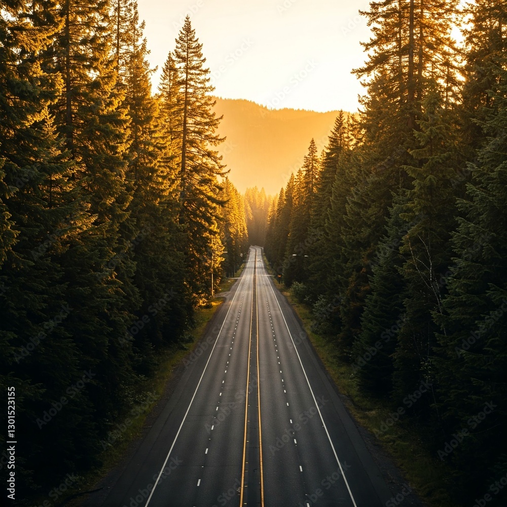 Fototapeta premium sunset in the forest and road 