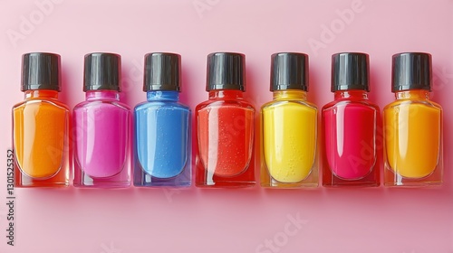Colorful Nail Polish Collection Arranged Neatly on a Pink Surface for Creativ...