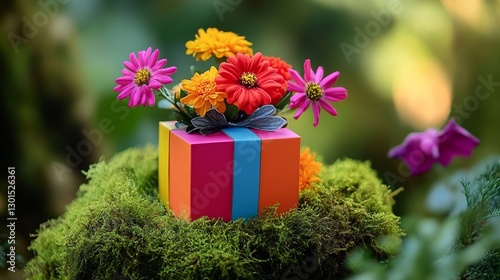 Vibrant Colorful Flowers Gift Box Spring Nature Scene Floral Arrangement Pretty Delightful Festive Gift Present Colorful Background Mossy Setting     