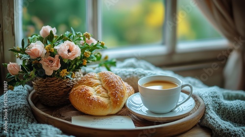 Morning Coffee With Fresh Tulips on a Wooden Table Wrapped in a Cozy Knit Bla...