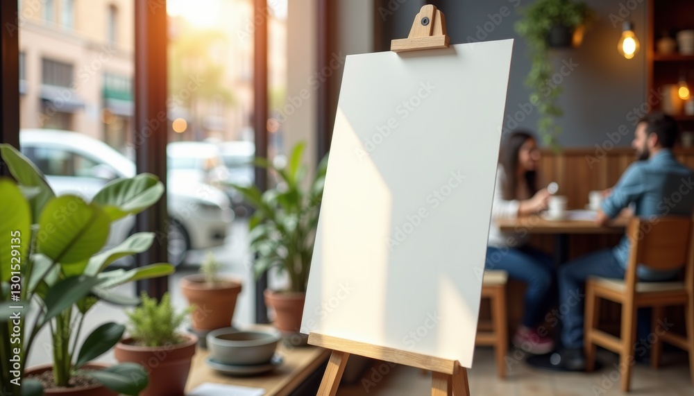 Photorealistic mockup of a blank white sheet without text on a stand near a café window with natural sunlight streaming in and a slightly blurred background featuring potted plants, wooden chairs, and Photorealistic mockup of a blank white sheet without text on a stand near a café window with natural sunlight streaming in and a slightly blurred background featuring potted plants, wooden chairs, and