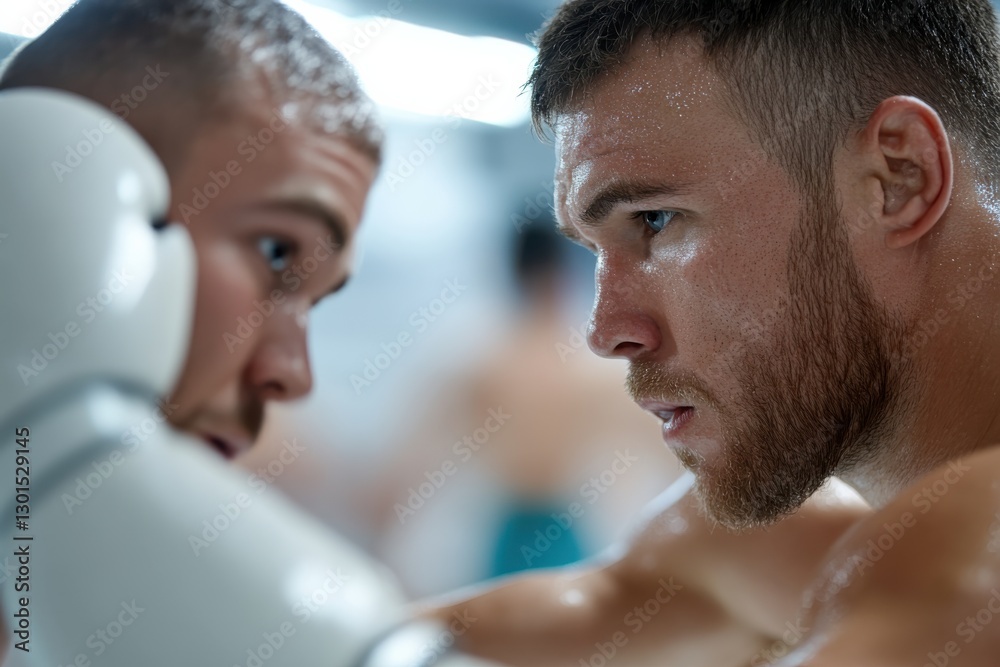 A dramatic close-up of two intense boxers peering into each other’s eyes during a match, capturing the fierce determination and competitive fire that defines combat sports. A dramatic close-up of two intense boxers peering into each other’s eyes during a match, capturing the fierce determination and competitive fire that defines combat sports.