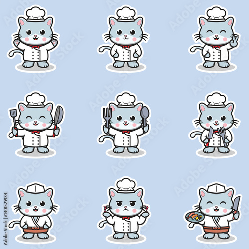 Vector Illustrations of cute Cat chef mascot cartoon character. Illustration Collection of Cat icon isolated. This is Vector Illustration.