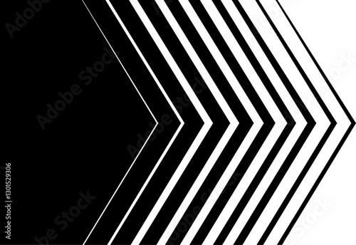 Minimal Black and White Background with Arrow Pointing Right. Striped Transition from Black to White Abstract Strict Lines. Simple Pattern.