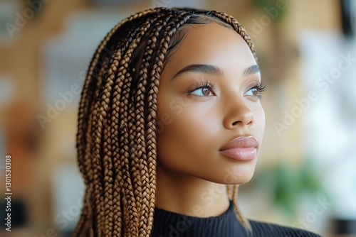 Braided Hairstyle Against Clear Sky Background Showcases Elegance and Beauty