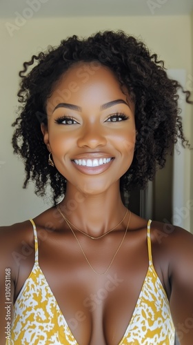 Smiling Woman With Curly Hair in Bright Dress Indoors During Daytime
