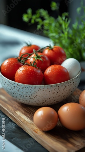 Fresh Vegetables and Eggs Arranged in a Bowl on a Wooden Surface by a Window ...
