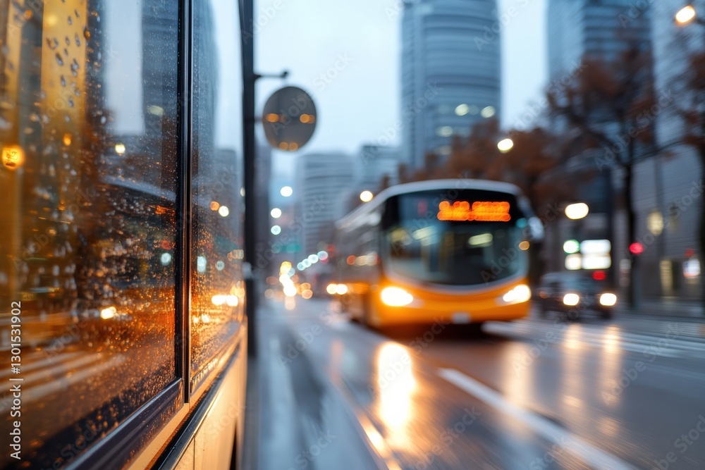 Obraz premium A glowing city bus captured during a rainy evening, showcasing the vibrant urban life and the beauty of reflections in a wet cityscape.