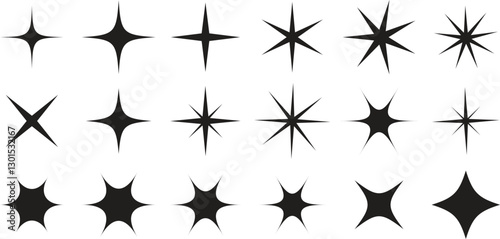 Sparkle star icon set. Retro futuristic sparkle vectors isolated on transparent background. Shining sparkle icon, Blink twinkle star shapes collection. Abstract cool shine effect sign vector design.
