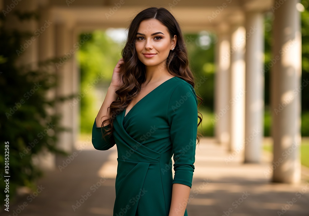 Elegant Woman in Emerald Wrap Dress: A Serene Portrait Elegant Woman in Emerald Wrap Dress: A Serene Portrait