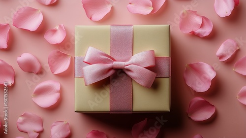 Beautifully Wrapped Gift Surrounded by Soft Pink Rose Petals on a Dark Wooden...