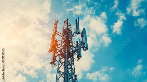 Telecommunication tower with 4G and 5G cellular macro base station 5G radio network telecommunication equipment with radio modules and smart antennas mounted on a metal structure against a