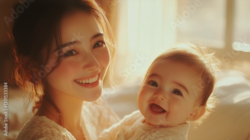 Woman Holds Baby While Enjoying Sunlight in a Cozy Indoor Setting During Gold...