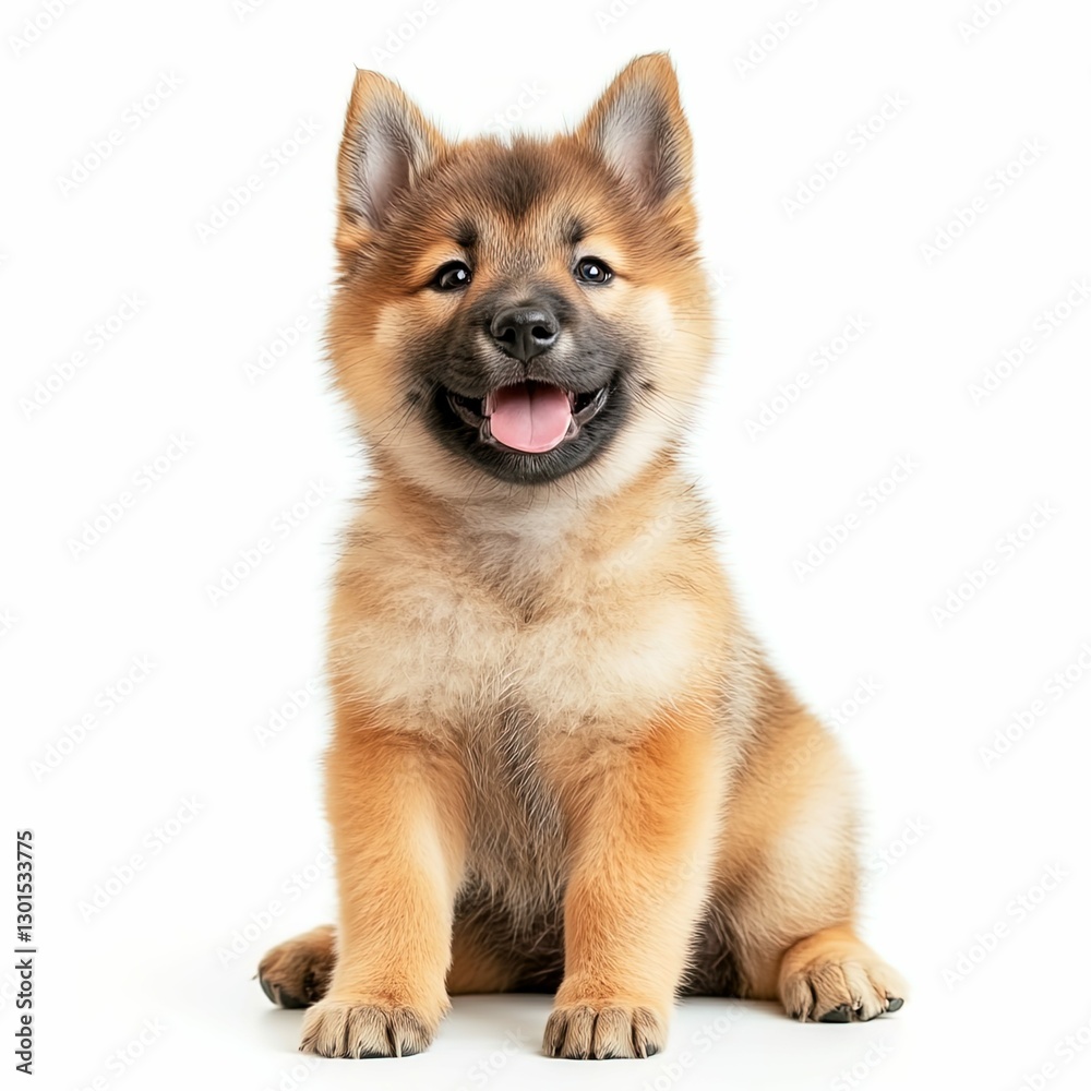 Chubby puppy sitting with a playful grin on white background