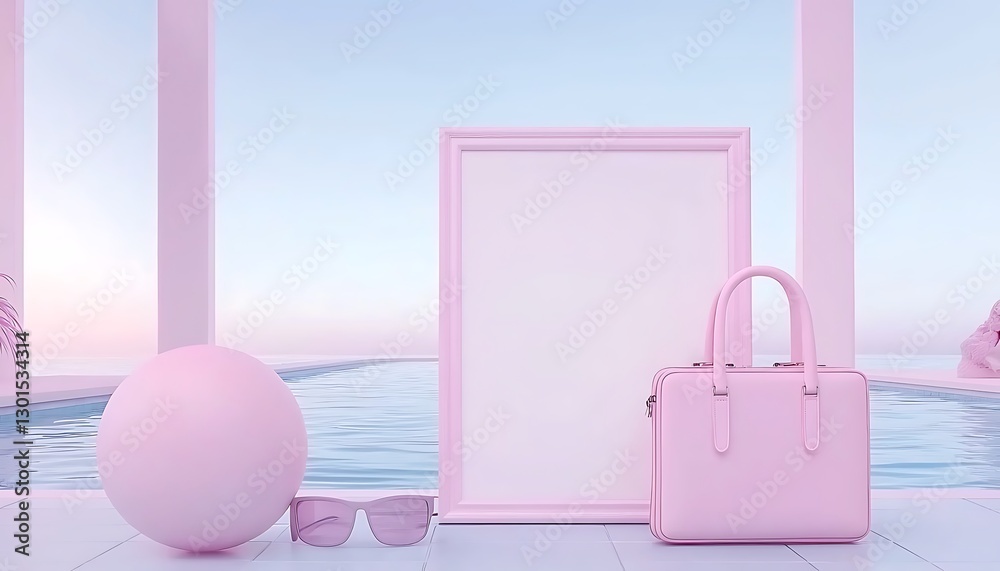 Obraz premium Pink Accessories by the Pool with Minimalist Landscape Background