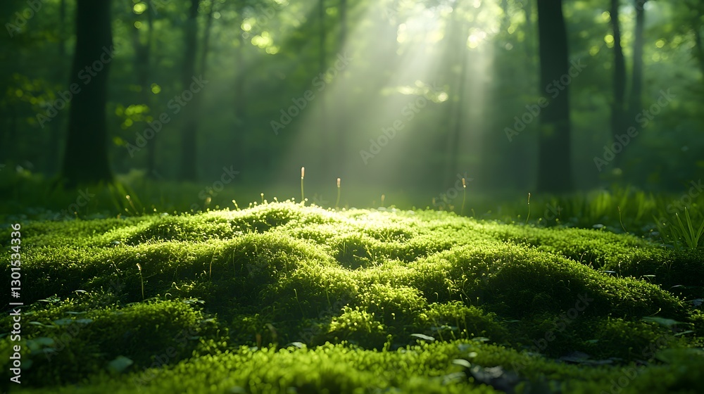 A Breathtaking Forest Scene With a Lush Carpet of Moss Illuminated by Gentle Sunlight A Breathtaking Forest Scene With a Lush Carpet of Moss Illuminated by Gentle Sunlight