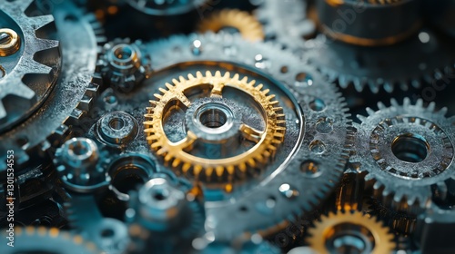 Close-up View of Intricate Metallic Gears in Various Sizes Reflecting Ambient...